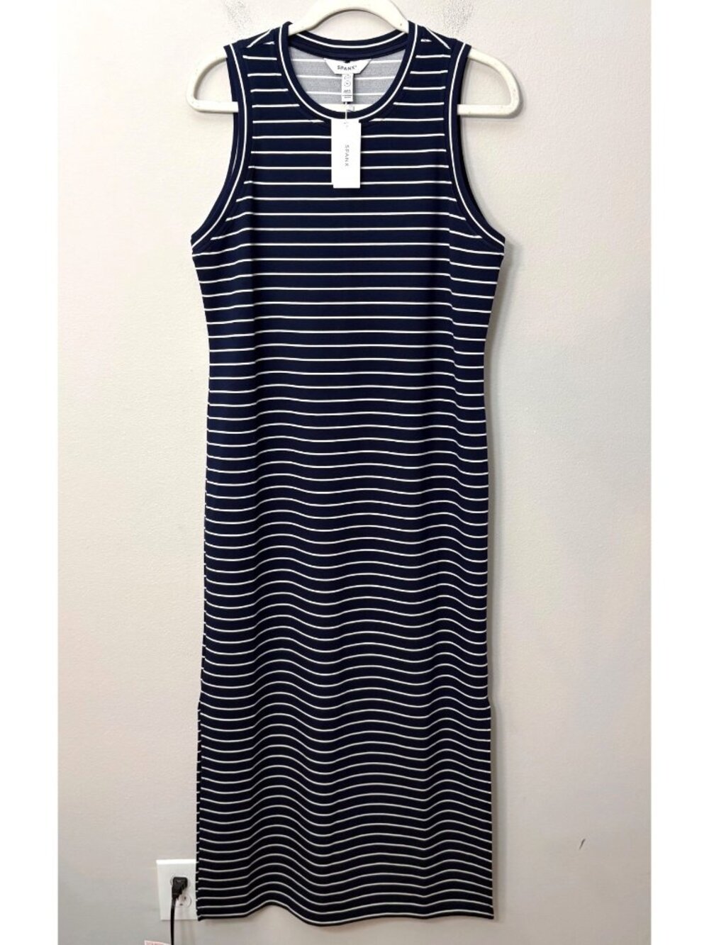 NEW Spanx Air Essentials Sleeveless Maxi Dress Navy Stripe Crewneck Medium